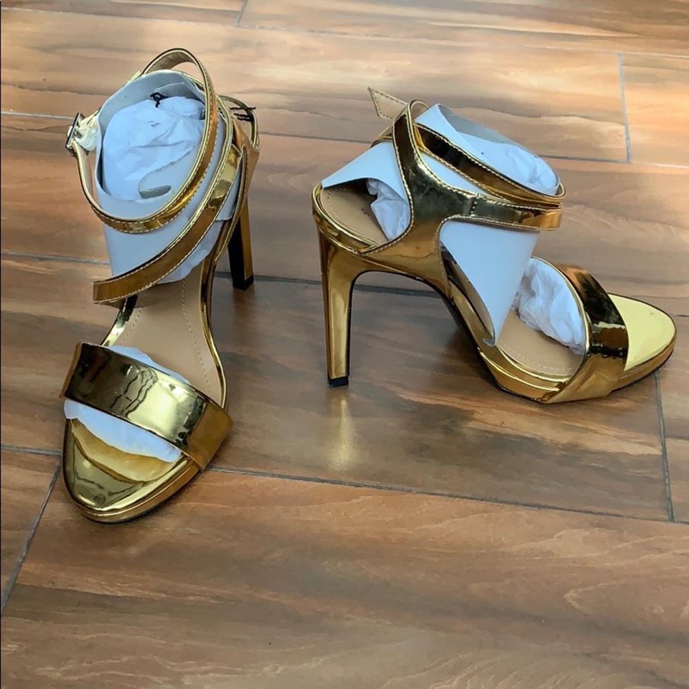 Metallic Gold Platform Heels, Ankle Strap.